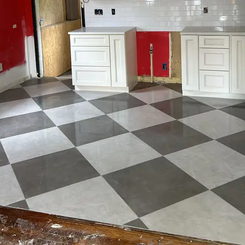 Black and white checkerboard tile floor